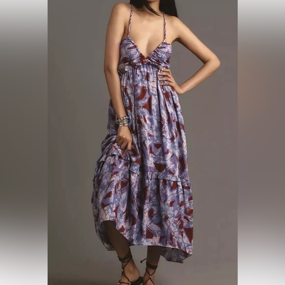 New Anthropologie lined summer spaghetti straps maxi dress Blue purple pattern S